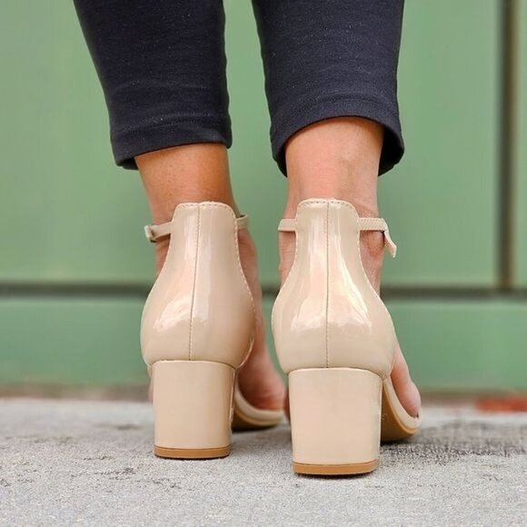 Women Ankle Straps Low Chunky Heels Sandals Beige Color - Picture 6 of 6